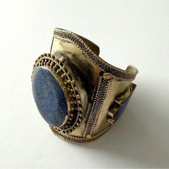 Vintage Handcrafted Laois Lazuli Inlay Gold Tone Tribal Cuff Bracelet - Picture 3 of 9